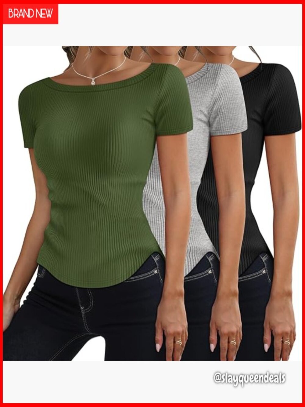 3 Pack Ribbed Knit Slim Fitted T-Shirts Boat Neck Short Sleeve Summer Tops